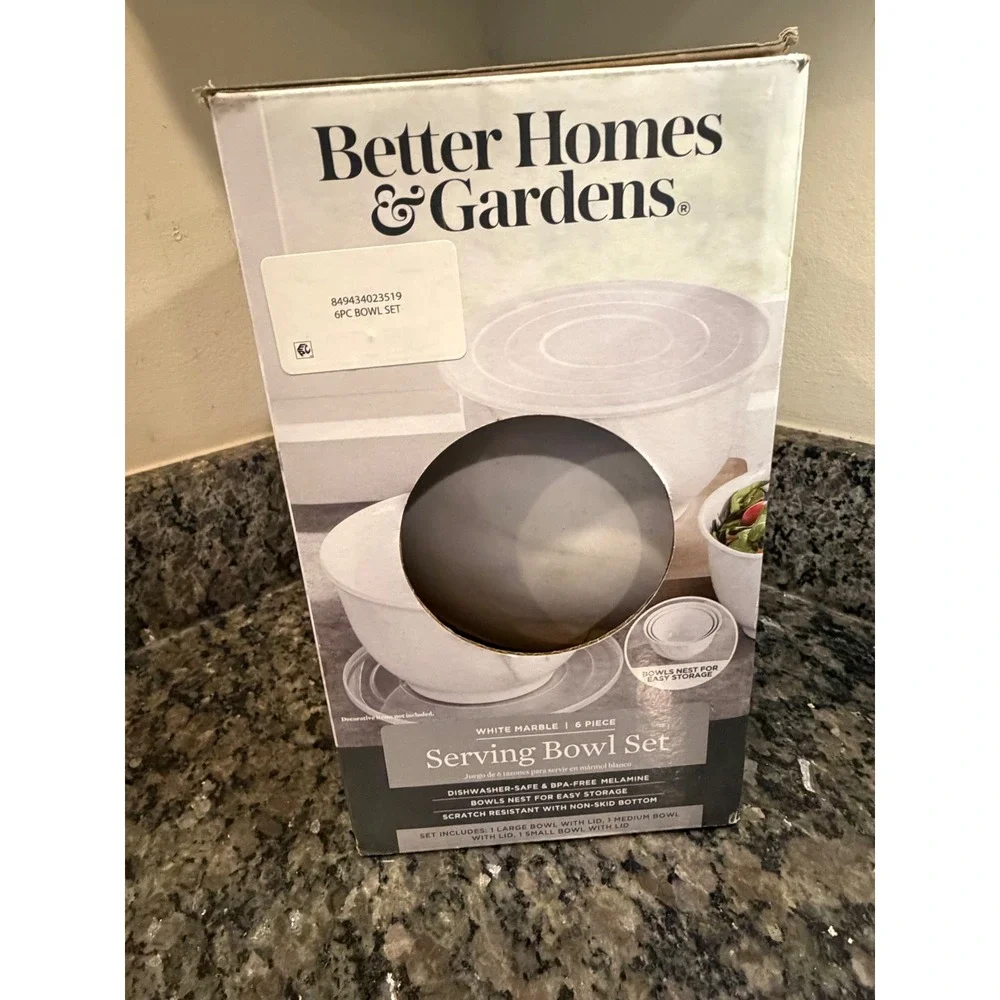 Better Homes & Gardens White Marble 6 Piece Melamine Serving Bowl Set with Lids